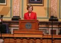 Iowa Gov. Kim Reynolds delivers the Condition of the State address in the House Chambers at the Iowa Capitol Building on Tuesday, Jan. 12, 2021. Photo Credit: Bryon Houlgrave/The Des Moines Register