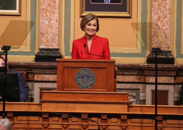 Iowa Gov. Kim Reynolds delivers the Condition of the State address in the House Chambers at the Iowa Capitol Building on Tuesday, Jan. 12, 2021. Photo Credit: Bryon Houlgrave/The Des Moines Register