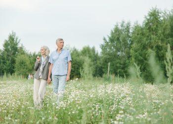 elderly couple walking on a flower field