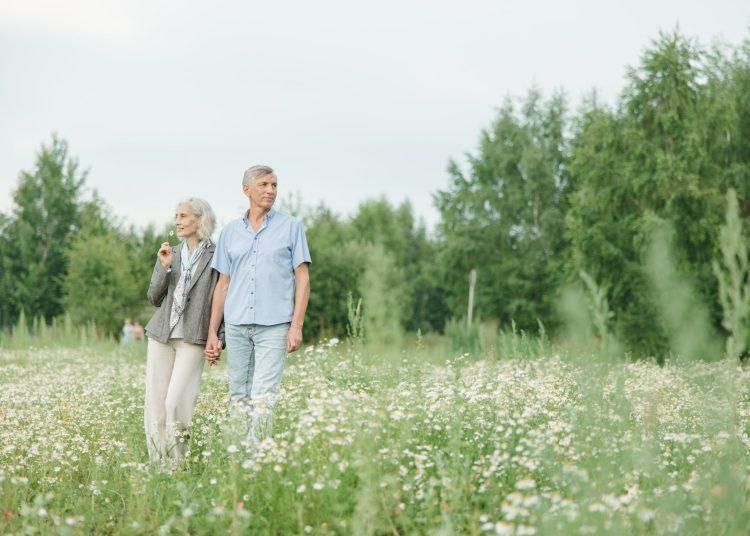 elderly couple walking on a flower field