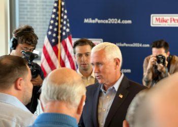 Former Vice President Mike Pence speaking to voters following the Northside Conservative Club meeting in Ankeny, Iowa on August 30, 2023.