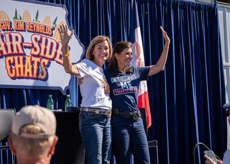 Iowa Gov. Kim Reynolds and former South Carolina Gov. Nikki Haley at the Iowa State Fair in Des Moines, Iowa.